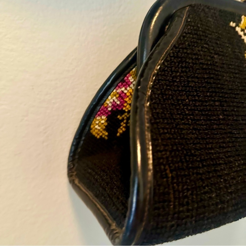 Vintage Wool Petit Point Handbag Cottagecore Black Floral Leather Trimmed - Picture 4 of 13